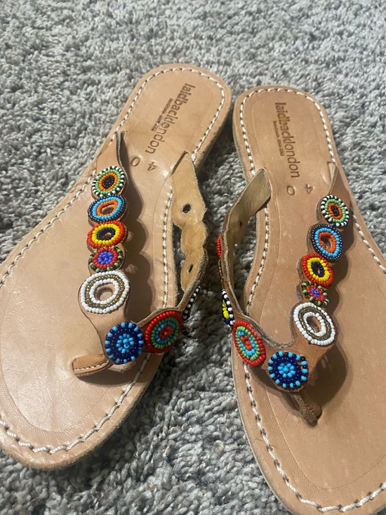 Laidback London Shoes - Anthropologie Tan Beaded Thong Sandals with Multicolor Accents
